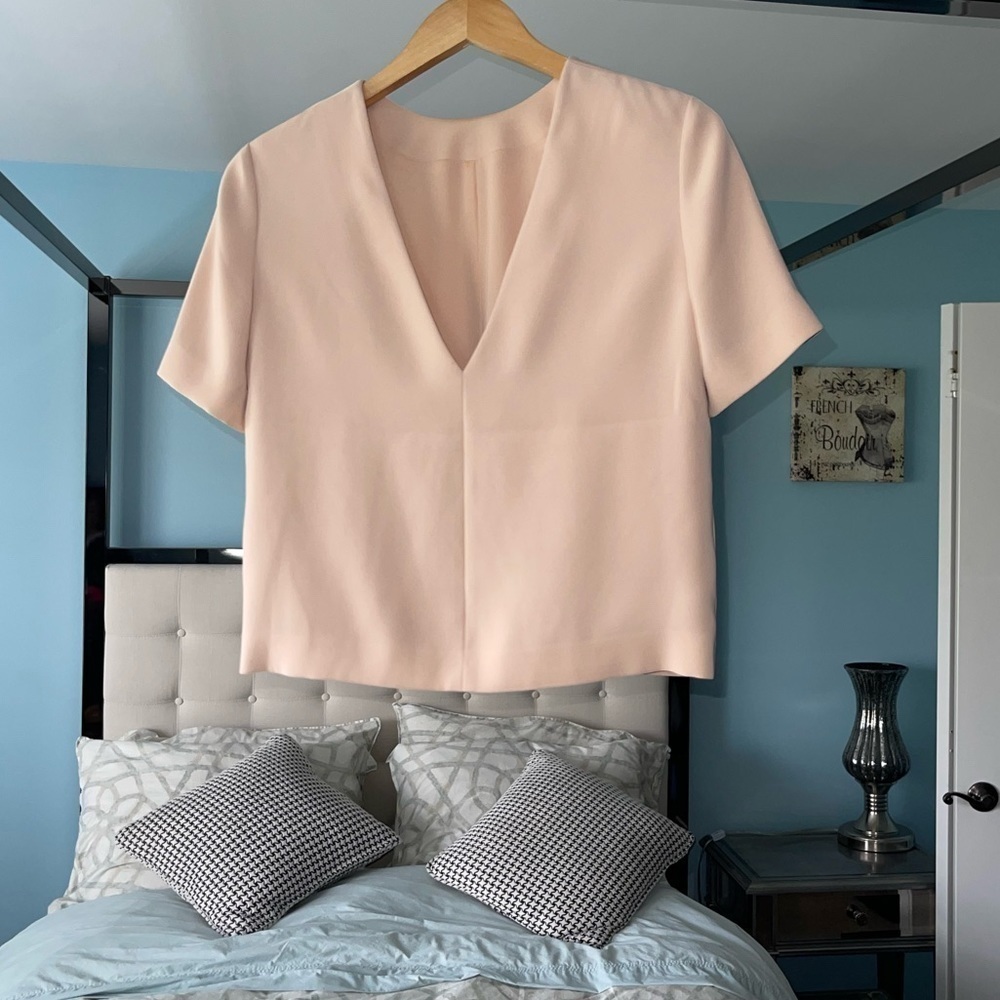 T By Alexander Wang Beige Welt Pocket Detail Short Sleeve Blouse Low V Back 4 - Picture 6 of 9